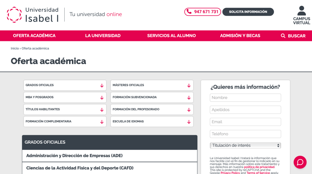 Web de la Universidad Isabel I