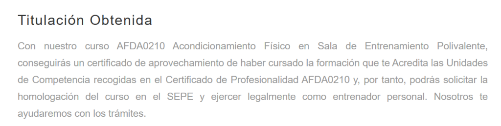 Titulación obtenida entrenador personal