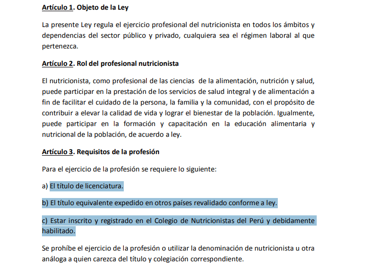 Ley colegio Nutricionistas del Perú