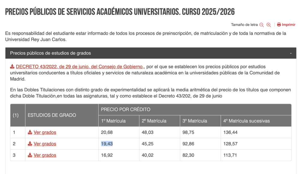 Opinión CAFYD de Universidad Rey Juan Carlos (URJC) 25 Precios de cursos en URJC