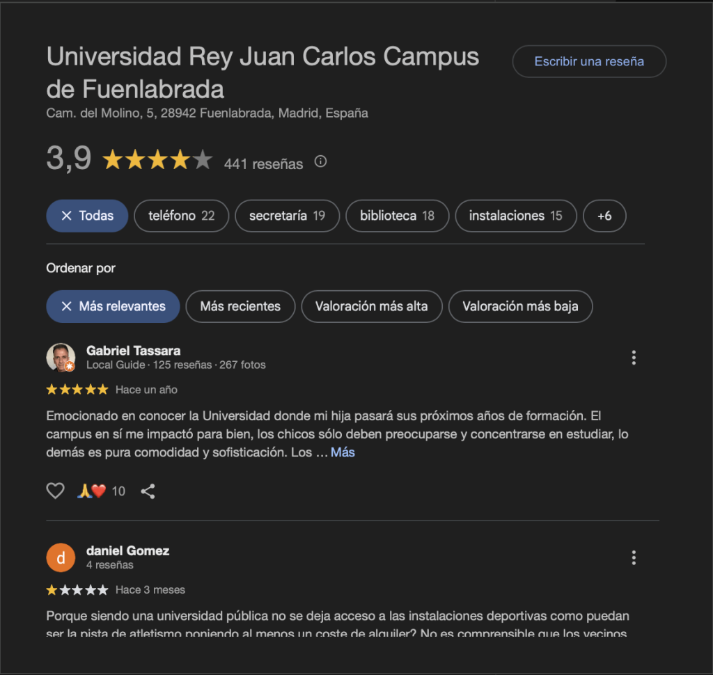 Opinión CAFYD de Universidad Rey Juan Carlos (URJC) 11 Google My Business URJC