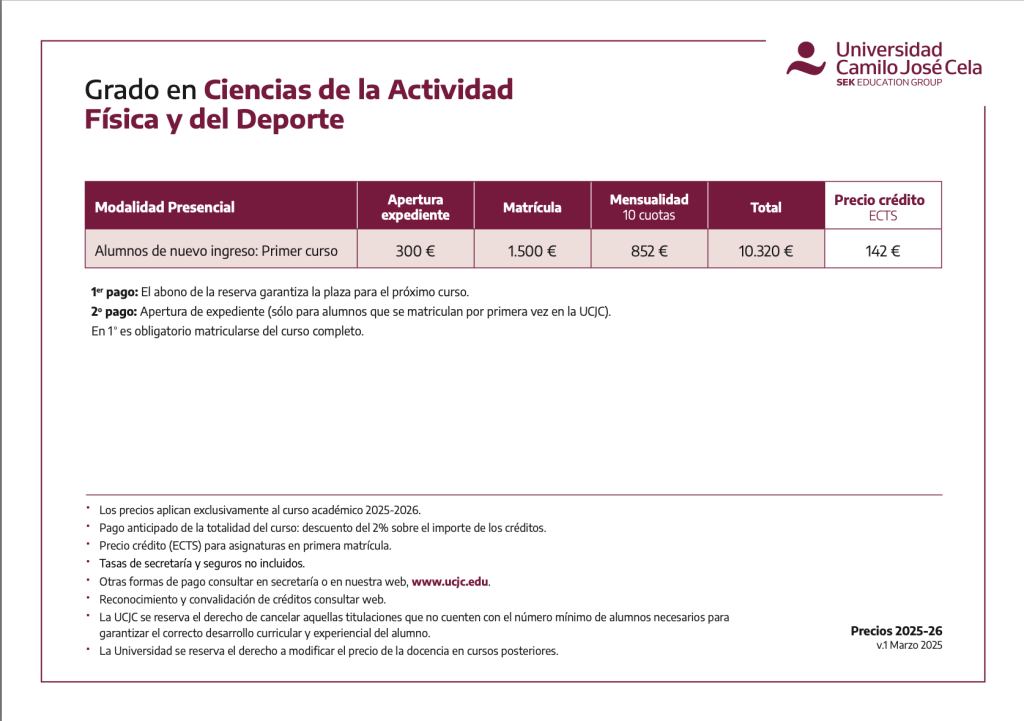Opinión CAFYD de Universidad Camilo José Cela (UCJC) 25 Precio de la formación en UCJC