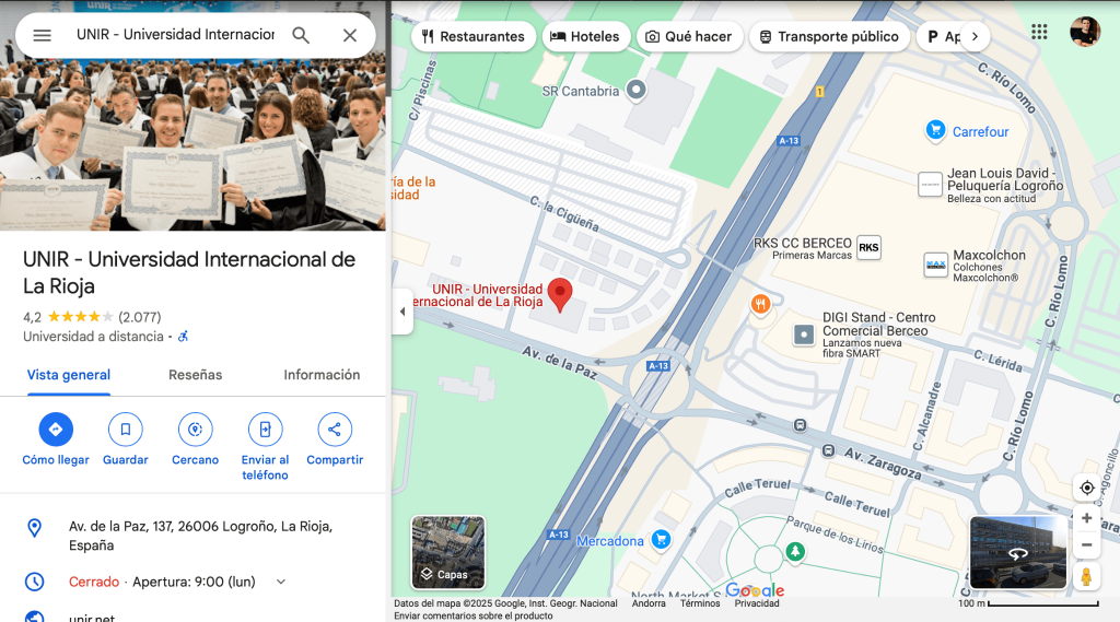 Opinión CAFYD de UNIR 11 Ubicación Google maps UNIR