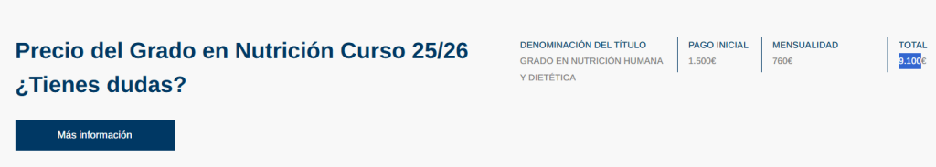 Precio grado en Nutrición Humana y Dietética