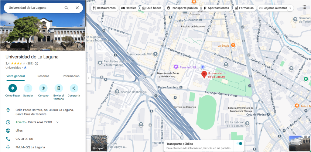 Google maps universidad de La Laguna