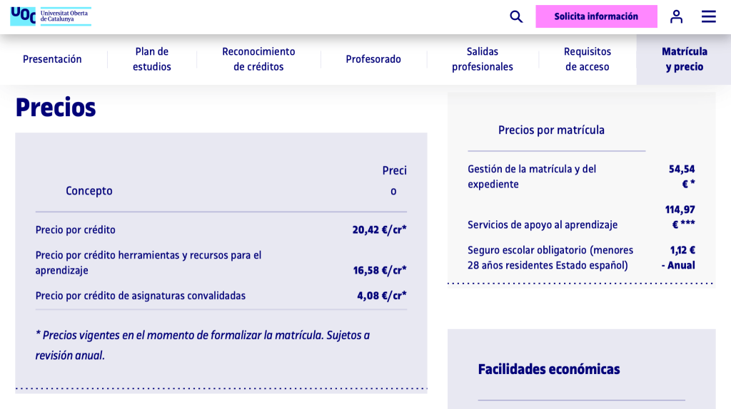 Precios de la formación en UOC