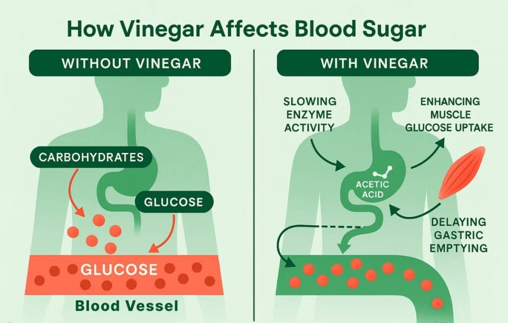 Esquema en inglés que compara la glucosa en sangre con y sin vinagre, con el ácido acético retrasando el vaciado gástrico