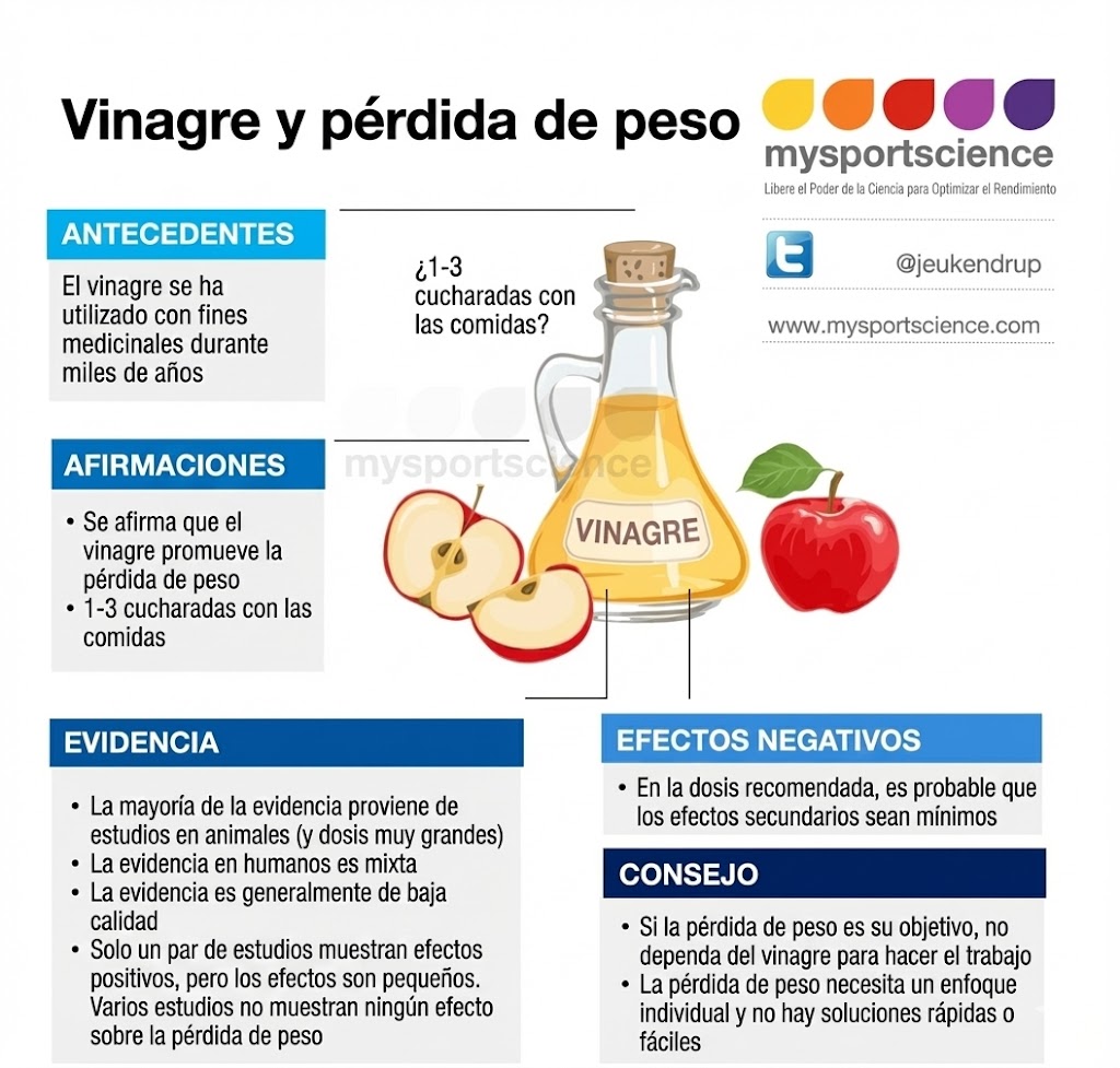 Infografía de mysportscience sobre vinagre y pérdida de peso: la evidencia en humanos es mixta y de baja calidad