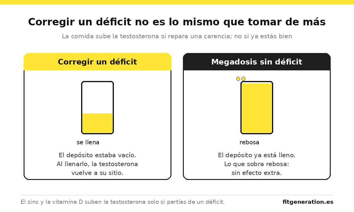 Esquema que compara corregir un déficit de nutrientes frente a tomar megadosis cuando no hace falta