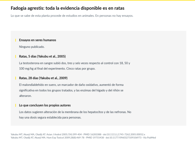 Ficha resumen: toda la evidencia disponible sobre Fadogia agrestis procede de estudios en ratas