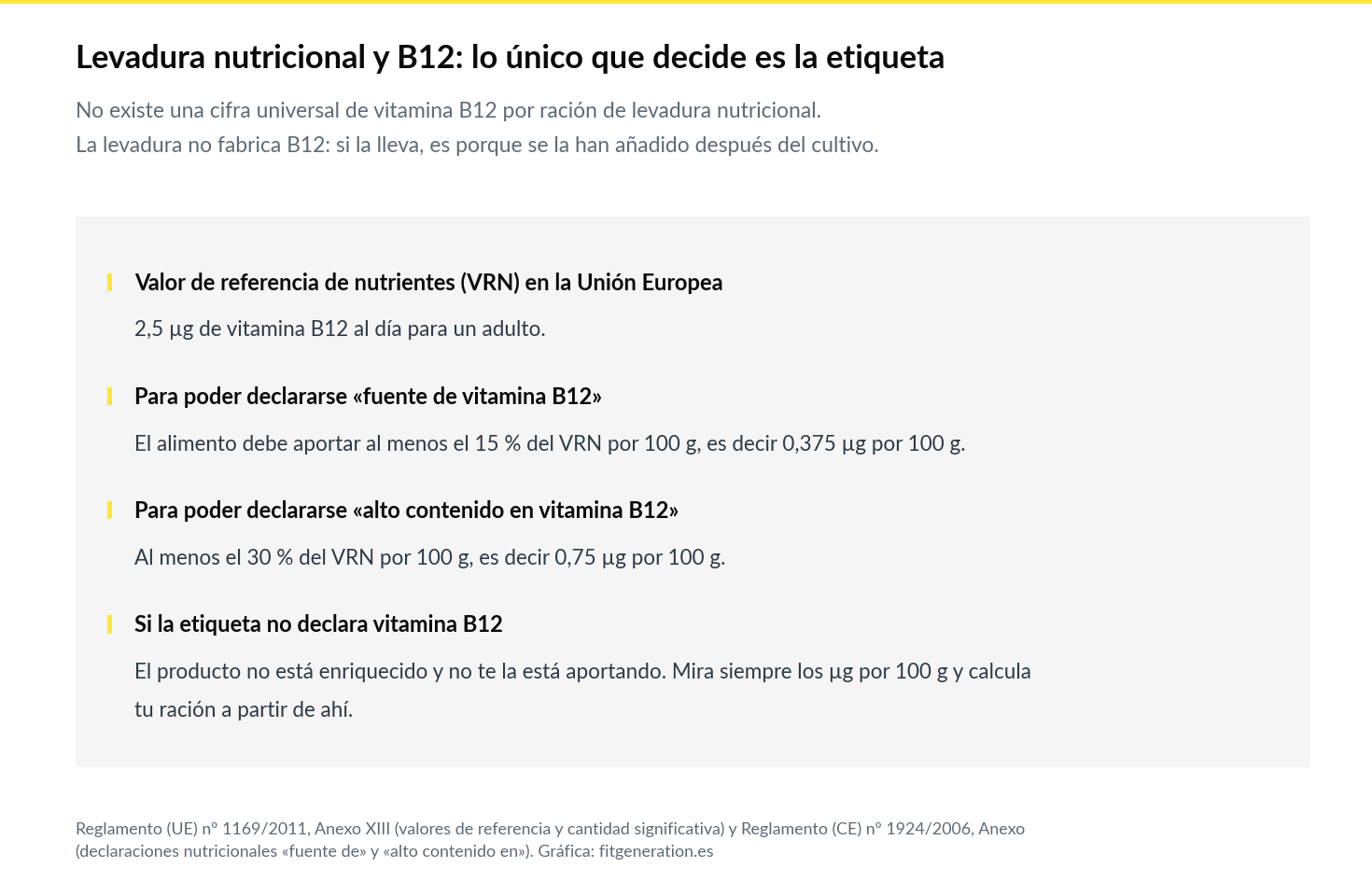 Ficha: valores de referencia de vitamina B12 en la UE y umbrales para declarar fuente y alto contenido