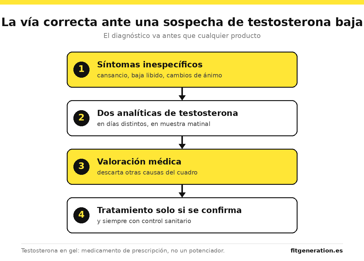 Diagrama de la vía de diagnóstico de la testosterona baja: síntomas, dos análisis y valoración médica antes del tratamiento